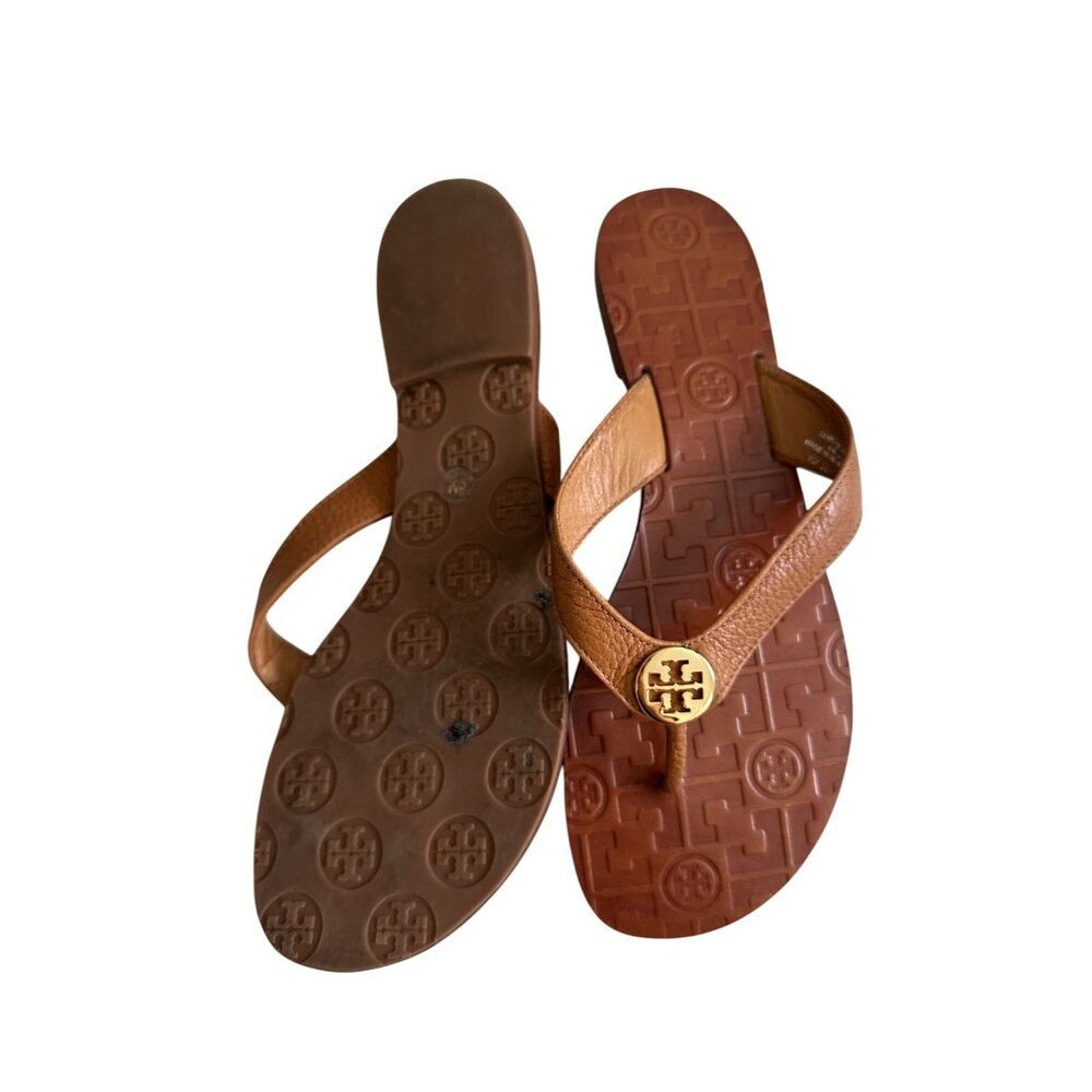 TORY BURCH Tan Gold Leather Strap Flip Flop Sandals Size 8 - Picture 2 of 10